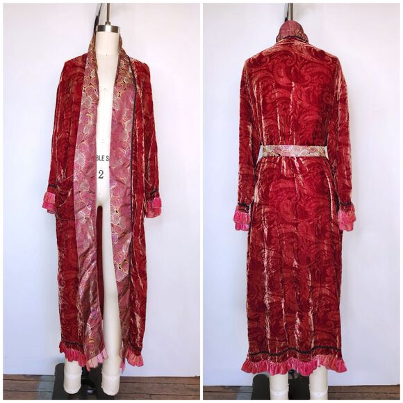Vintage Velvet Silk Robe Duster Layering - Romantic Long Floral Layering XS S - Picture 6 of 10